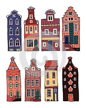 Amsterdam colorful vector sketch hand drawn illustration. Set of cartoon outline houses facades